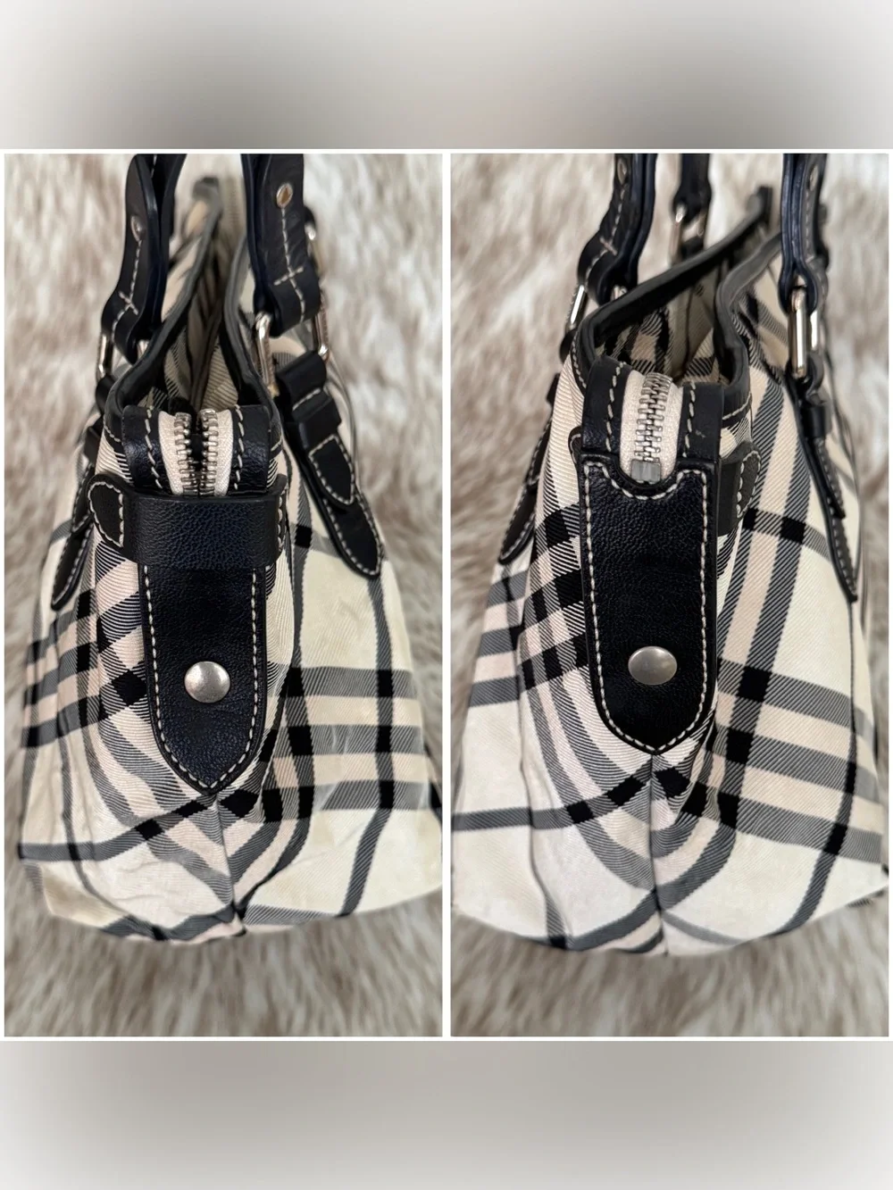 Vintage Burberry London Blue Label Black & Cream Check Shoulder Tote Bag